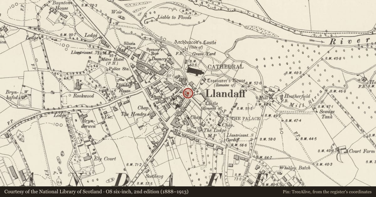 Ordnance Survey six-inch map, 2nd edition (1888–1913) covering the location of 2 High Street, Llandaff, Cardiff, with a pin at the register's coordinates
