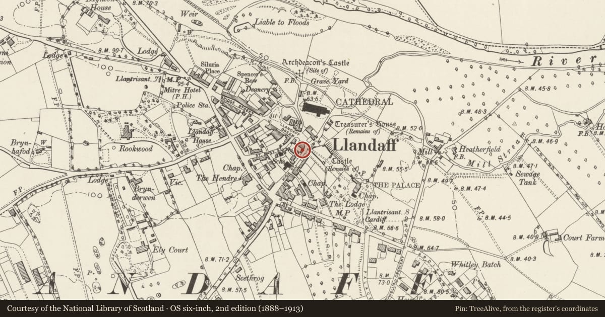 Ordnance Survey six-inch map, 2nd edition (1888–1913) covering the location of 6 High Street, Llandaff, Cardiff, with a pin at the register's coordinates