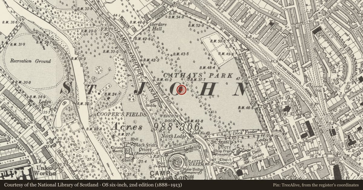 Ordnance Survey six-inch map, 2nd edition (1888–1913) covering the location of Former Glamorgan County Hall, Castle, Cardiff, with a pin at the register's coordinates