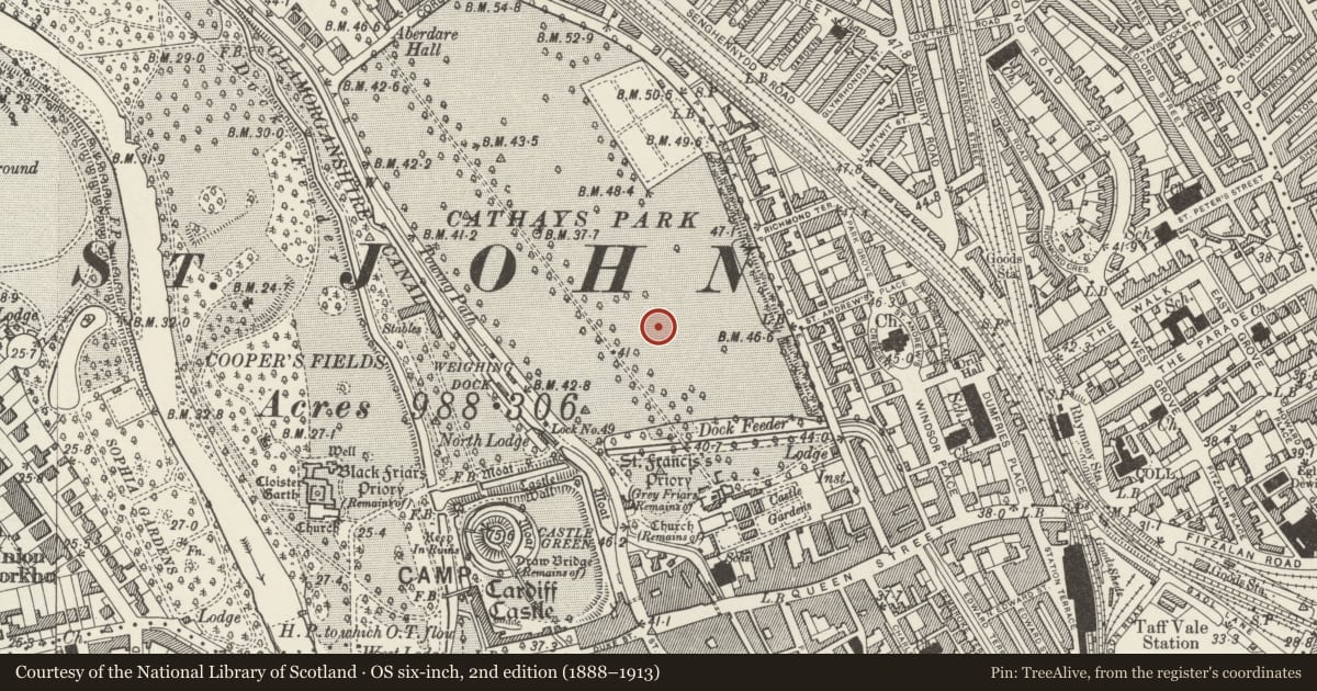 Ordnance Survey six-inch map, 2nd edition (1888–1913) covering the location of Cardiff City Hall, Castle, Cardiff, with a pin at the register's coordinates
