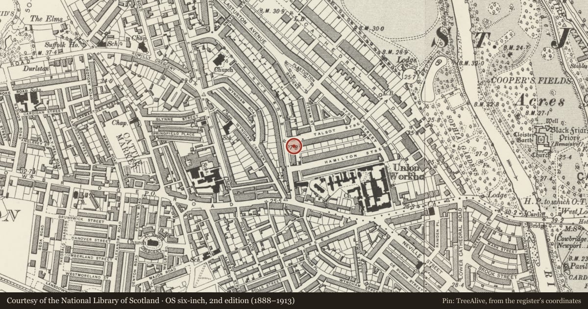 Ordnance Survey six-inch map, 2nd edition (1888–1913) covering the location of Catholic Church of St Mary of the Angels, Pontcanna, Cardiff, with a pin at the register's coordinates