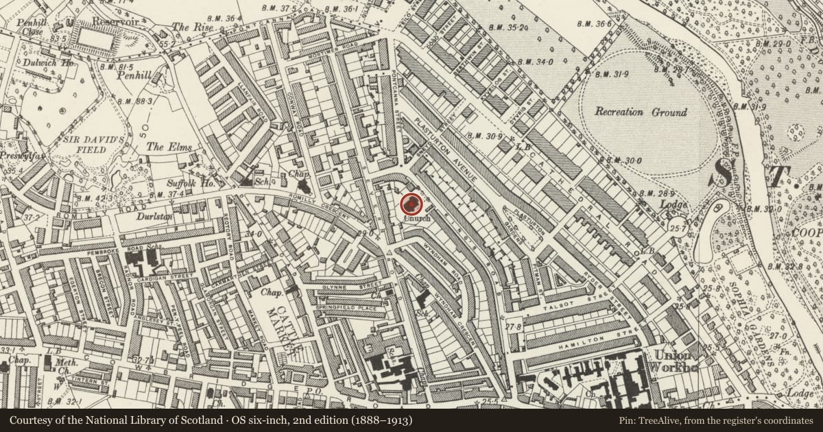 Ordnance Survey six-inch map, 2nd edition (1888–1913) covering the location of Church of St Catherine (Church of England in Wales), Pontcanna, Cardiff, with a pin at the register's coordinates
