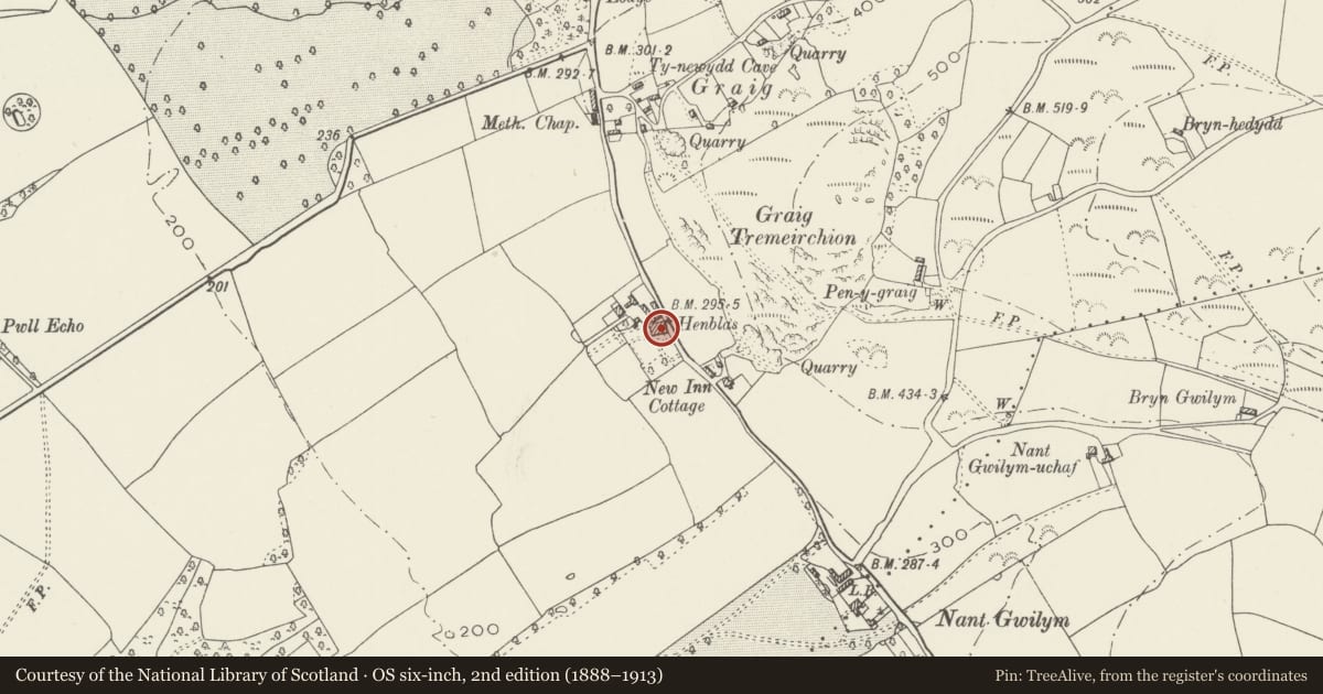 Ordnance Survey six-inch map, 2nd edition (1888–1913) covering the location of Henblas Hall, Tremeirchion, Denbighshire, with a pin at the register's coordinates