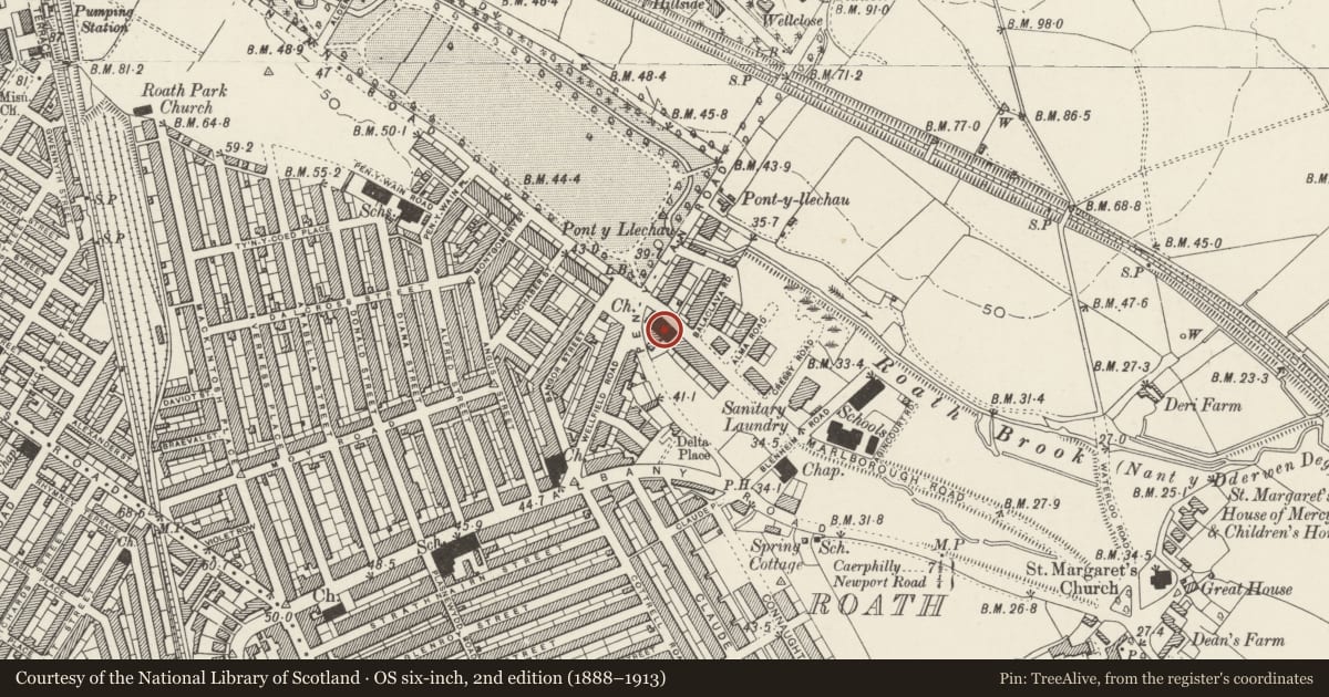 Ordnance Survey six-inch map, 2nd edition (1888–1913) covering the location of St Andrews United Reformed Church, Penylan, Cardiff, with a pin at the register's coordinates