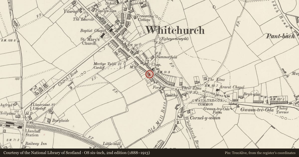 Ordnance Survey six-inch map, 2nd edition (1888–1913) covering the location of Bridge House, Whitchurch, Cardiff, with a pin at the register's coordinates