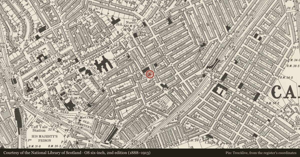 Ordnance Survey six-inch map, 2nd edition (1888–1913) covering the location of Clergy House of the Church of St German of Auxerre, Adamsdown, Cardiff, with a pin at the register's coordinates