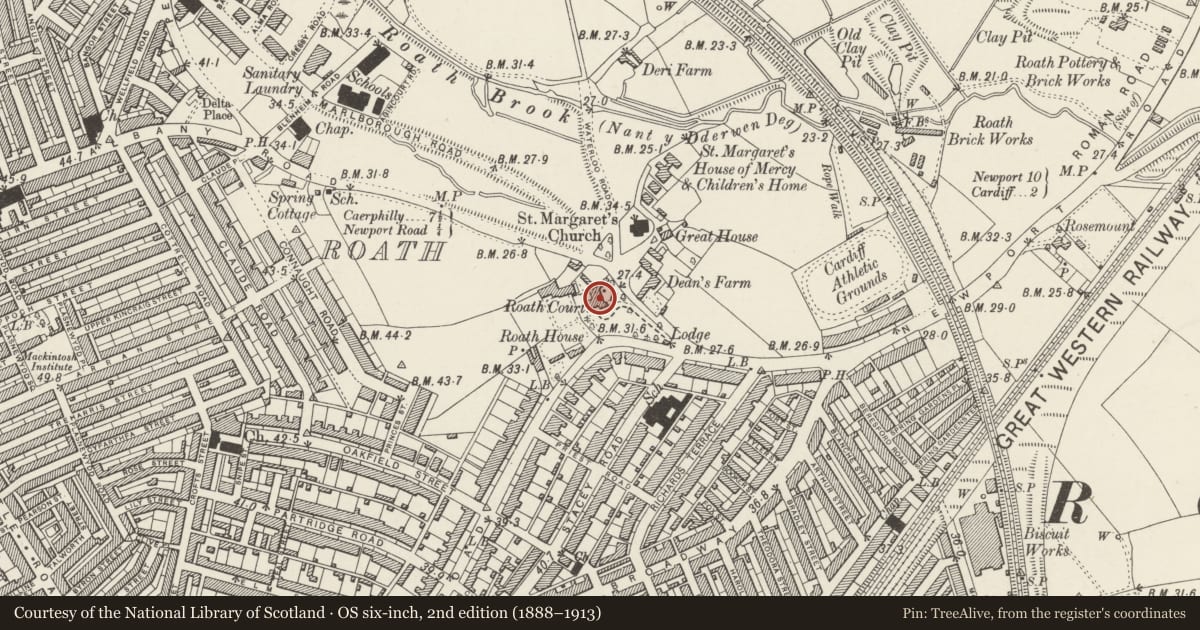 Ordnance Survey six-inch map, 2nd edition (1888–1913) covering the location of Roath Court, Cardiff, with a pin at the register's coordinates
