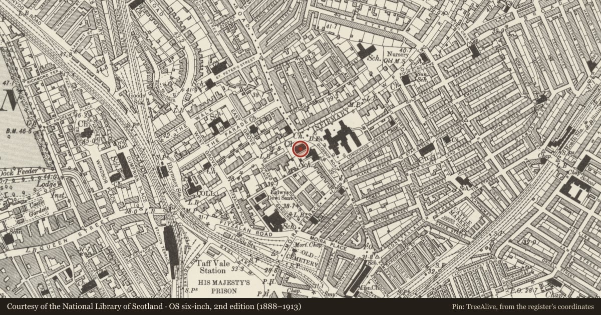Ordnance Survey six-inch map, 2nd edition (1888–1913) covering the location of Church of St James the Great, Adamsdown, Cardiff, with a pin at the register's coordinates