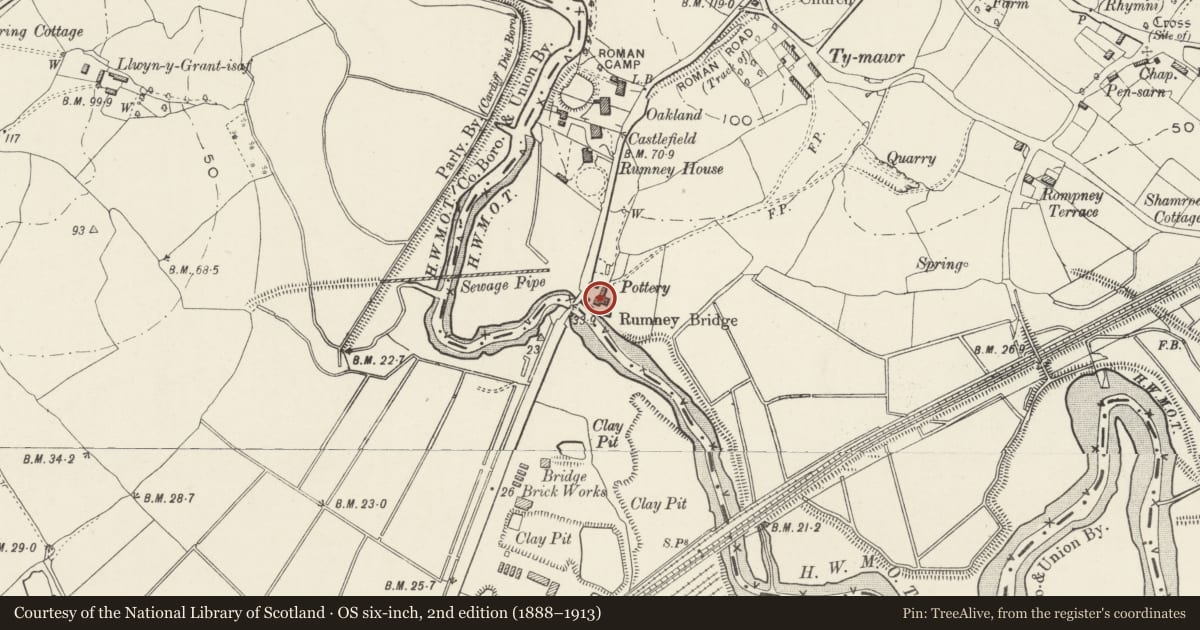 Ordnance Survey six-inch map, 2nd edition (1888–1913) covering the location of Rumney Pottery, Cardiff, with a pin at the register's coordinates