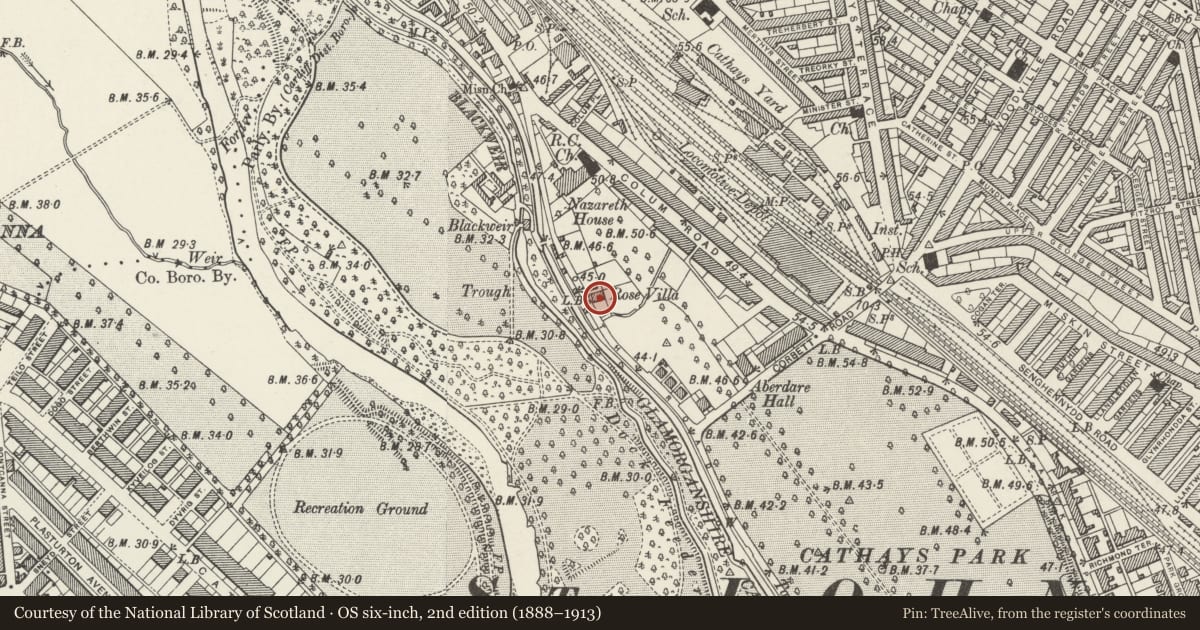Ordnance Survey six-inch map, 2nd edition (1888–1913) covering the location of Rosemount Funeral Home, Cathays, Cardiff, with a pin at the register's coordinates