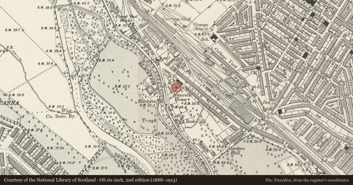 Ordnance Survey six-inch map, 2nd edition (1888–1913) covering the location of Nazareth House, including Roman Catholic Church, Cathays, Cardiff, with a pin at the register's coordinates
