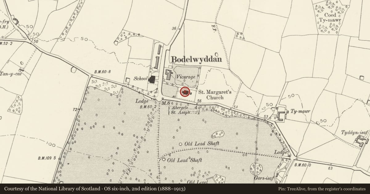 Ordnance Survey six-inch map, 2nd edition (1888–1913) covering the location of Church of St Margaret (The Marble Church), Bodelwyddan, Denbighshire, with a pin at the register's coordinates