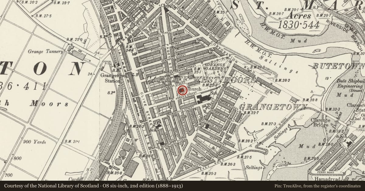 Ordnance Survey six-inch map, 2nd edition (1888–1913) covering the location of Parish Church of St Paul, Grangetown, Cardiff, with a pin at the register's coordinates