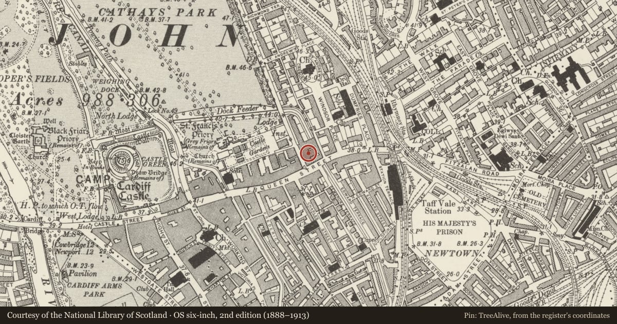 Ordnance Survey six-inch map, 2nd edition (1888–1913) covering the location of Park Hotel, Castle, Cardiff, with a pin at the register's coordinates