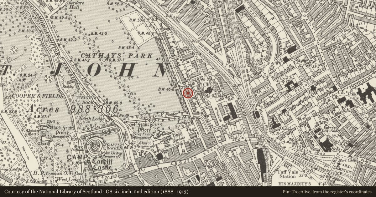 Ordnance Survey six-inch map, 2nd edition (1888–1913) covering the location of Park House, Castle, Cardiff, with a pin at the register's coordinates