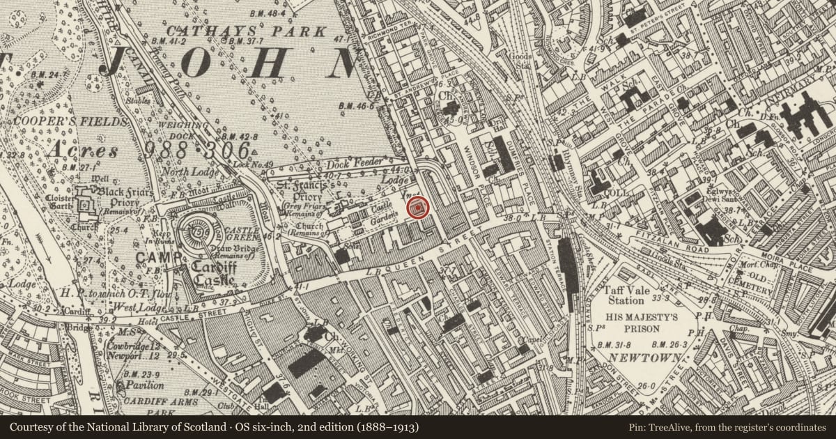 Ordnance Survey six-inch map, 2nd edition (1888–1913) covering the location of Brannigan's including forecourt walls and railings, Castle, Cardiff, with a pin at the register's coordinates