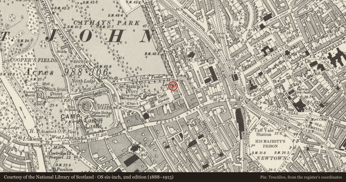 Ordnance Survey six-inch map, 2nd edition (1888–1913) covering the location of New Theatre, Castle, Cardiff, with a pin at the register's coordinates