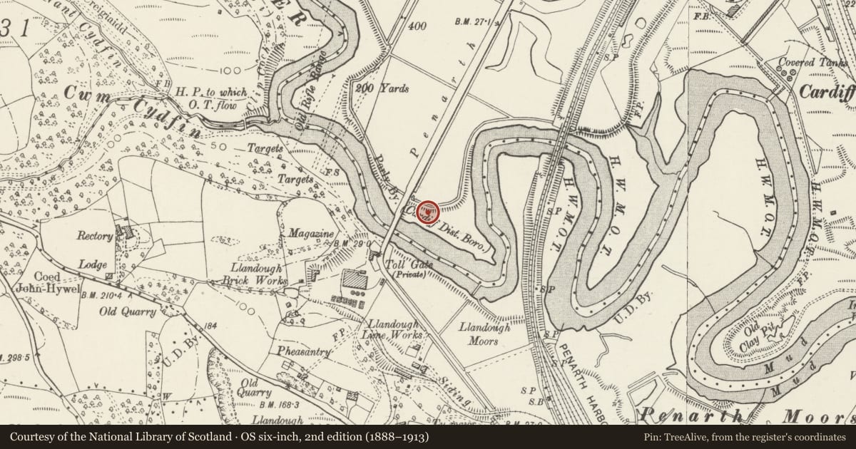 Ordnance Survey six-inch map, 2nd edition (1888–1913) covering the location of Former Cardiff and District Western District Sewerage Pumping Station, Grangetown, Cardiff, with a pin at the register's coordinates