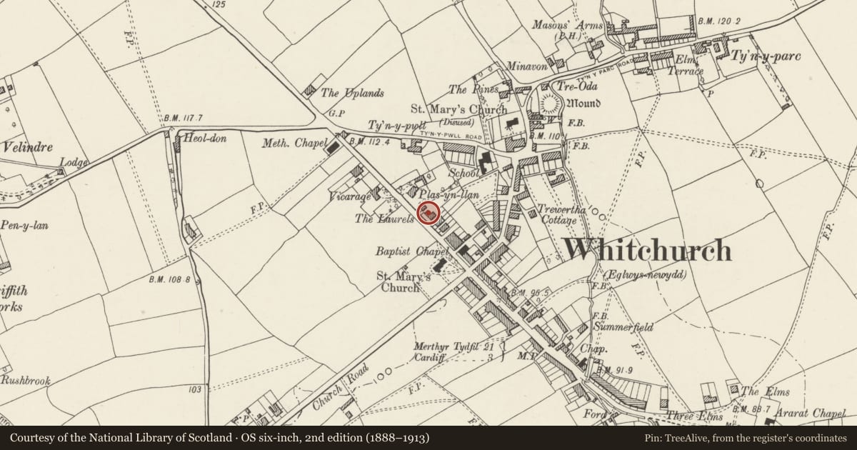 Ordnance Survey six-inch map, 2nd edition (1888–1913) covering the location of The Laurels, Whitchurch, Cardiff, with a pin at the register's coordinates
