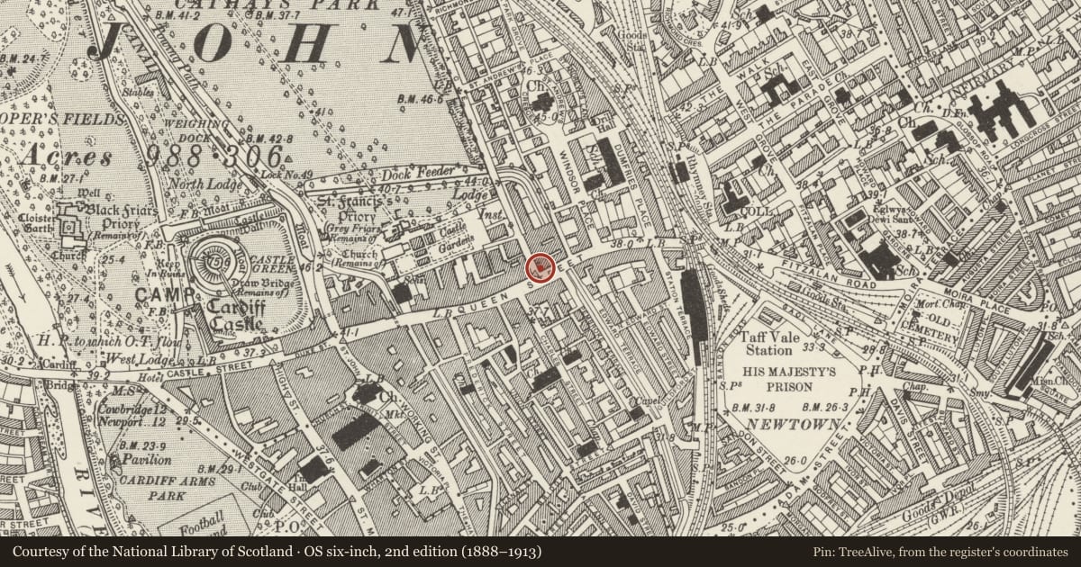 Ordnance Survey six-inch map, 2nd edition (1888–1913) covering the location of Nos 89, 91, 93, 95, 97, 99, 101, 103, 105 & 107, Castle, Cardiff, with a pin at the register's coordinates