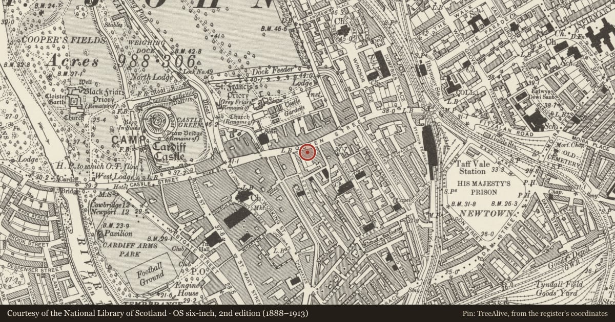 Ordnance Survey six-inch map, 2nd edition (1888–1913) covering the location of Midland Bank, Castle, Cardiff, with a pin at the register's coordinates