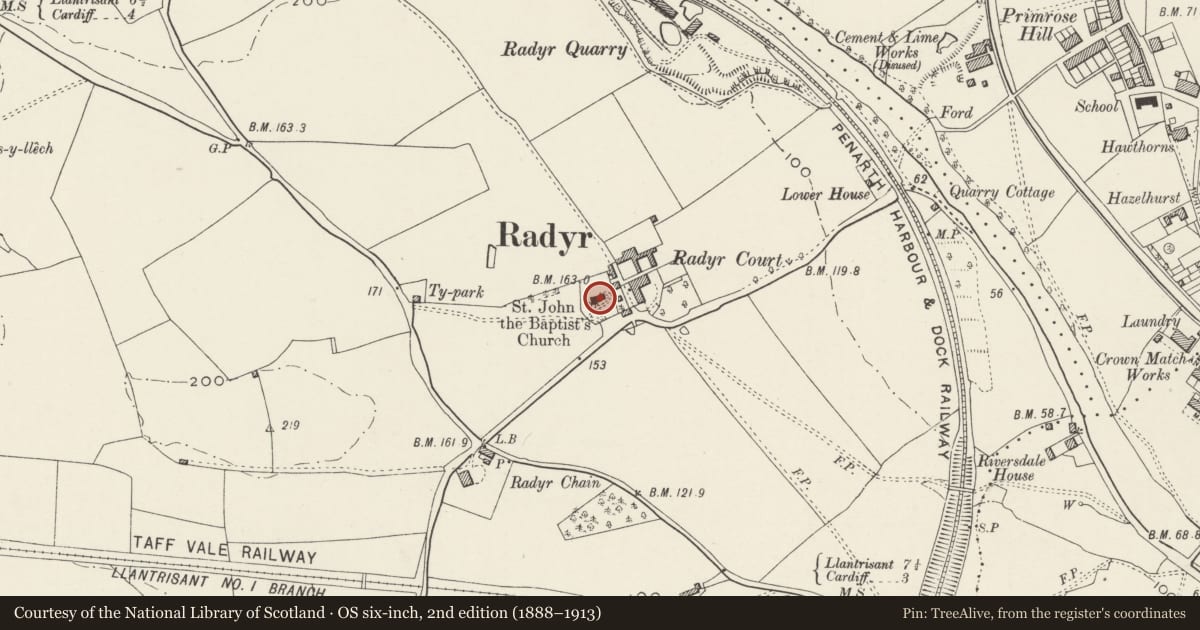 Ordnance Survey six-inch map, 2nd edition (1888–1913) covering the location of Church of St. John the Baptist, Llandaff, Cardiff, with a pin at the register's coordinates