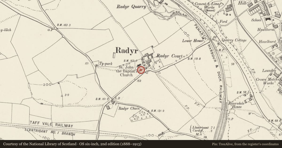 Ordnance Survey six-inch map, 2nd edition (1888–1913) covering the location of Lychgate of Church of St. John the Baptist, Llandaff, Cardiff, with a pin at the register's coordinates