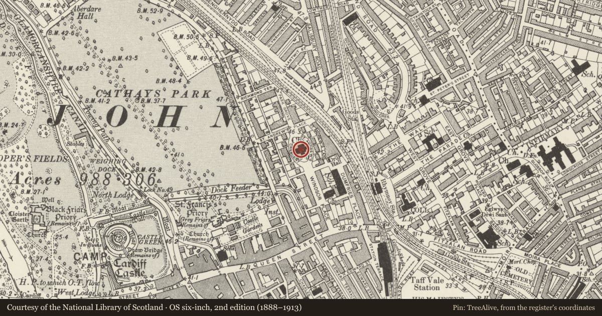 Ordnance Survey six-inch map, 2nd edition (1888–1913) covering the location of Eglwys Dewi Sant (Formerly Church of St. Andrew), Castle, Cardiff, with a pin at the register's coordinates