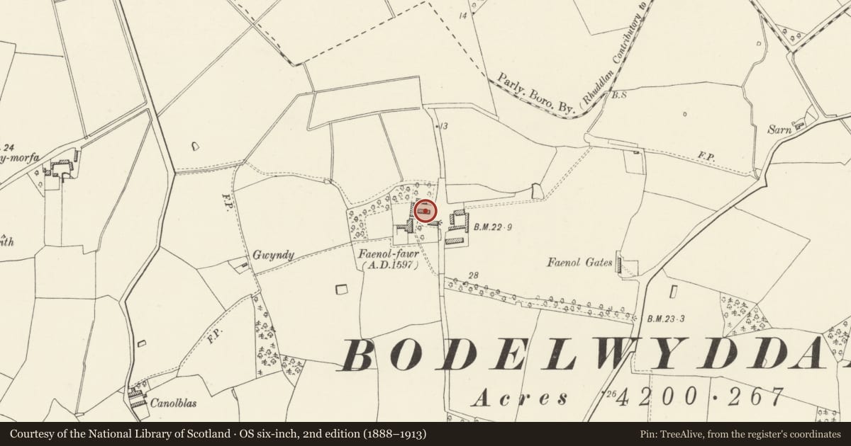 Ordnance Survey six-inch map, 2nd edition (1888–1913) covering the location of Faenol Fawr Old Farmhouse, Bodelwyddan, Denbighshire, with a pin at the register's coordinates