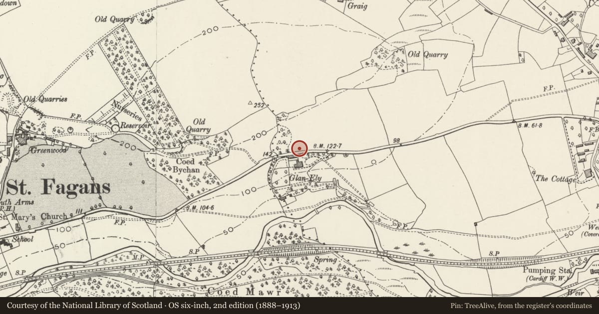 Ordnance Survey six-inch map, 2nd edition (1888–1913) covering the location of Former Stables at Ty Bronna, Fairwater, Cardiff, with a pin at the register's coordinates