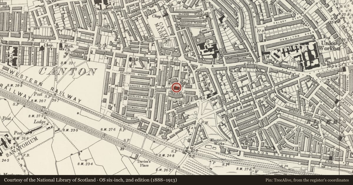 Ordnance Survey six-inch map, 2nd edition (1888–1913) covering the location of Church of St John the Evangelist, Canton, Cardiff, with a pin at the register's coordinates