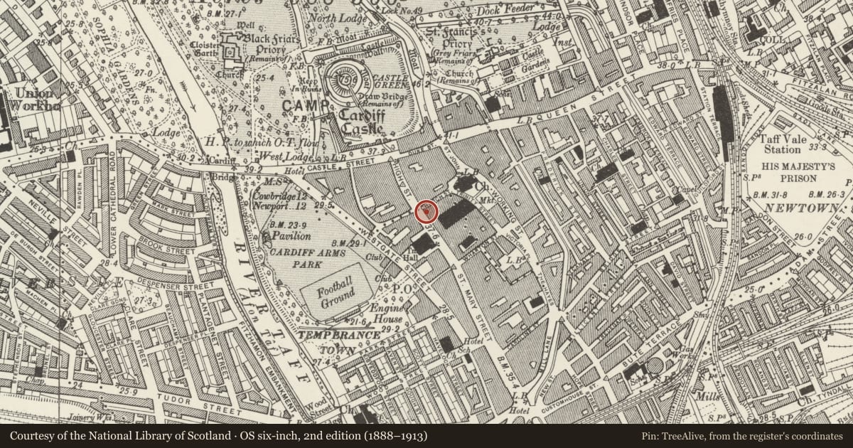 Ordnance Survey six-inch map, 2nd edition (1888–1913) covering the location of 1 & 2 St Mary Street, Castle, Cardiff, with a pin at the register's coordinates