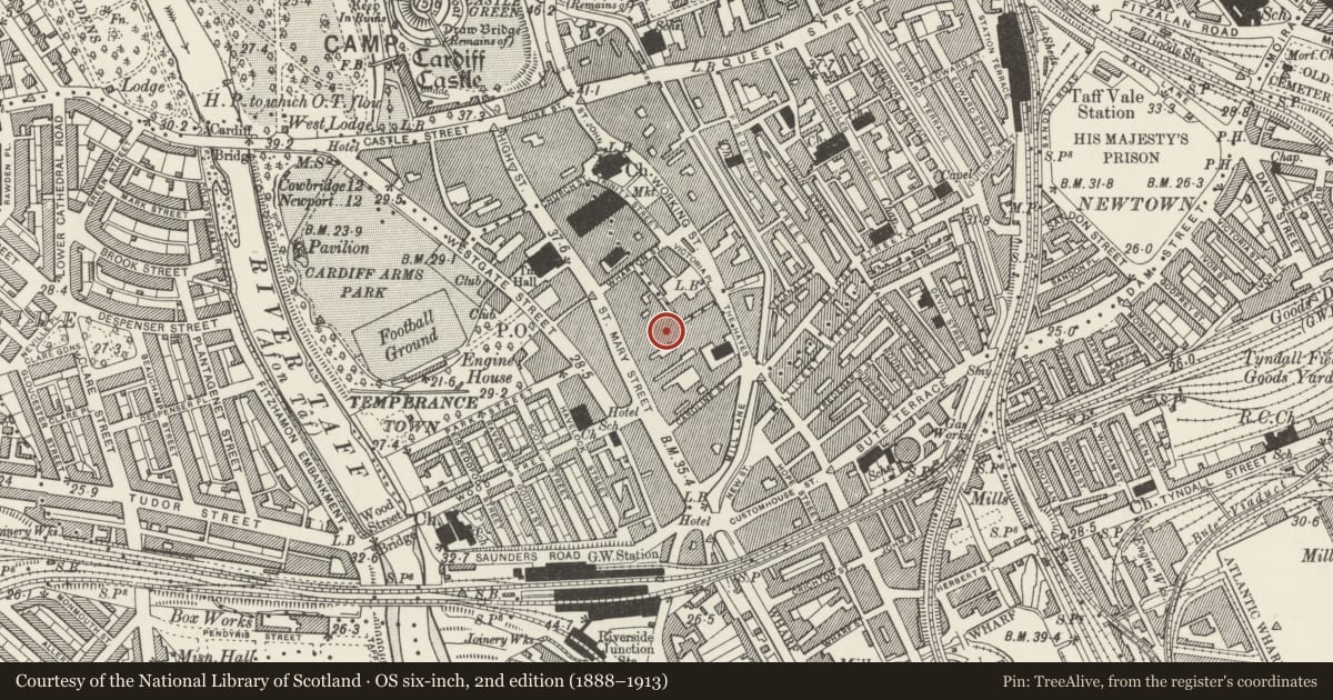 Ordnance Survey six-inch map, 2nd edition (1888–1913) covering the location of Morgan Arcade Building & Morgan Arcade, Castle, Cardiff, with a pin at the register's coordinates