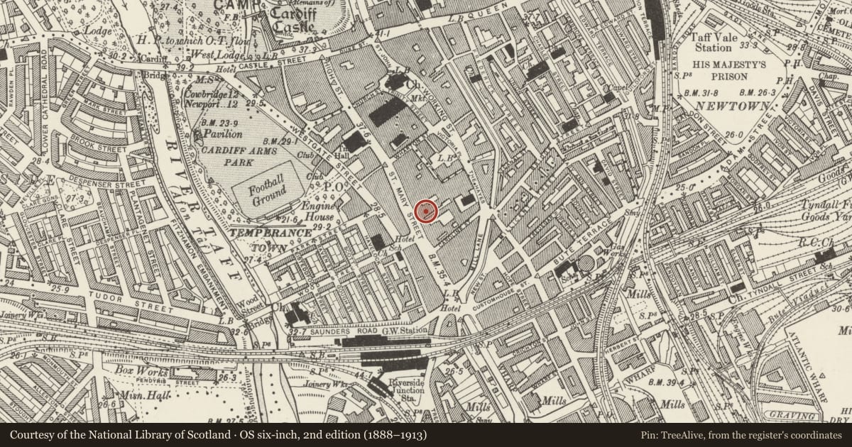 Ordnance Survey six-inch map, 2nd edition (1888–1913) covering the location of Entrance block to Royal Arcade, including Royal Arcade, Castle, Cardiff, with a pin at the register's coordinates