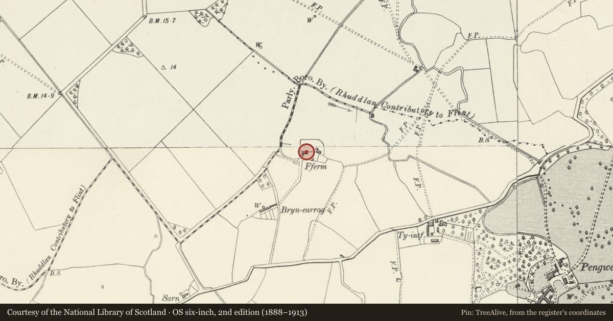 Ordnance Survey six-inch map, 2nd edition (1888–1913) covering the location of Fferm Farmhouse, Bodelwyddan, Denbighshire, with a pin at the register's coordinates