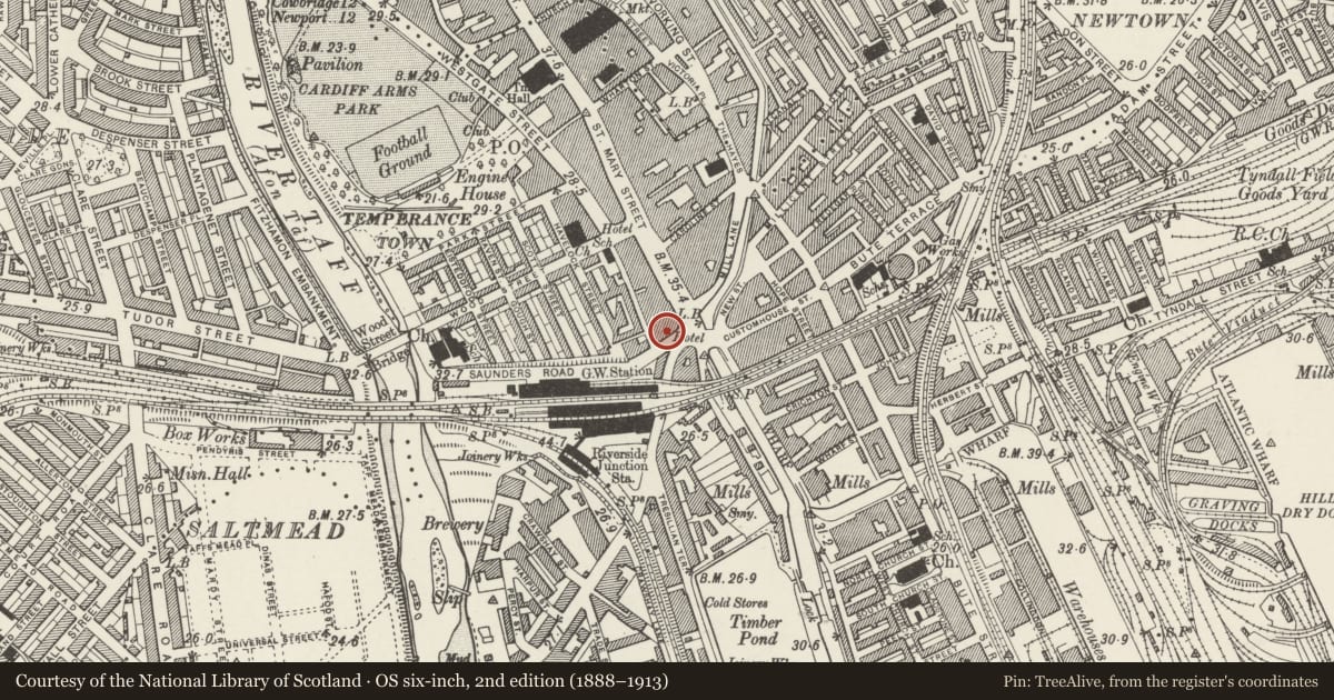 Ordnance Survey six-inch map, 2nd edition (1888–1913) covering the location of Great Western Hotel, Castle, Cardiff, with a pin at the register's coordinates
