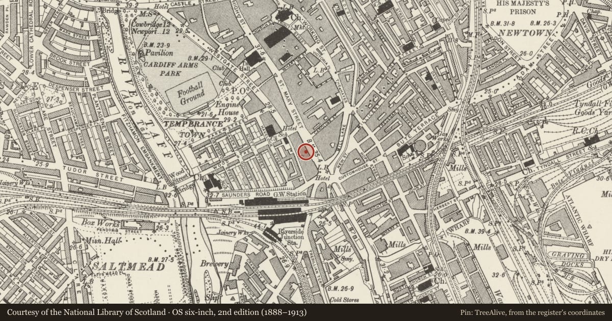 Ordnance Survey six-inch map, 2nd edition (1888–1913) covering the location of Ristorante Il Padrino, Castle, Cardiff, with a pin at the register's coordinates