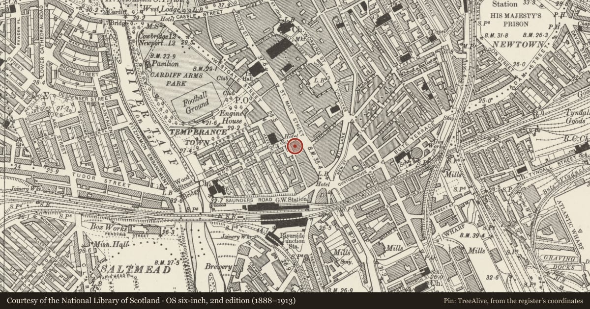 Ordnance Survey six-inch map, 2nd edition (1888–1913) covering the location of Former Prince of Wales Theatre, Castle, Cardiff, with a pin at the register's coordinates