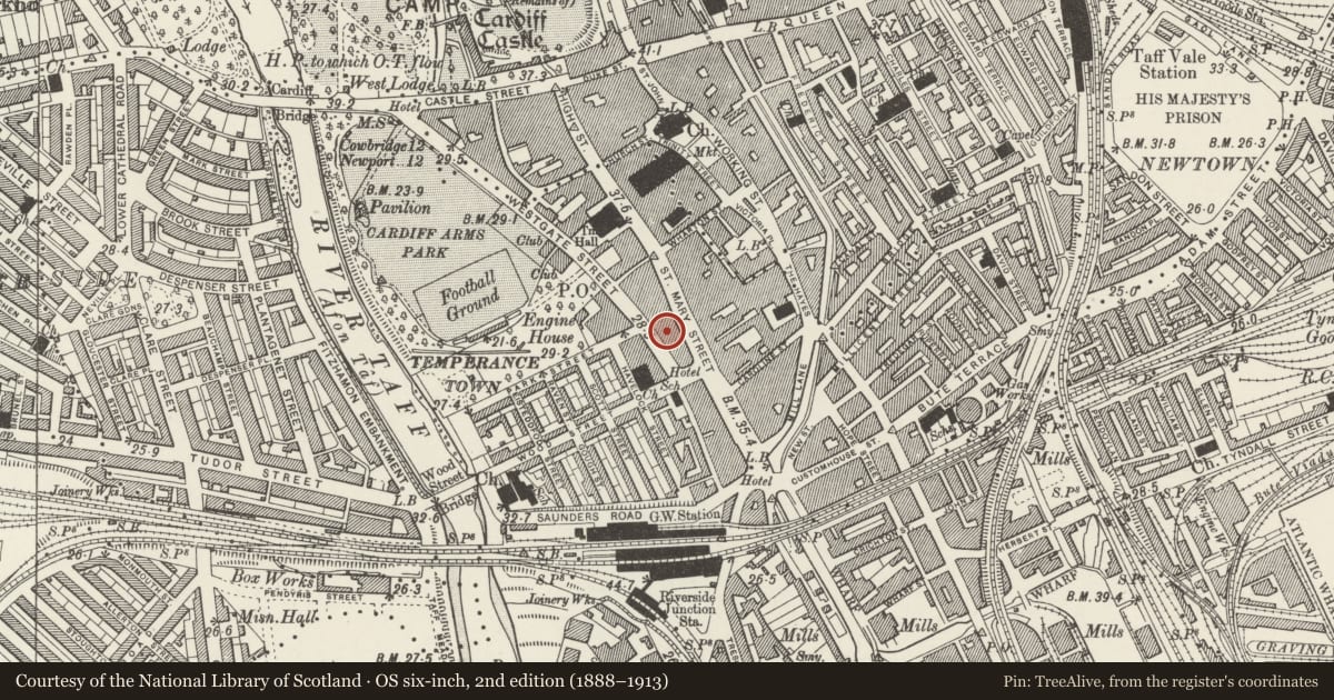 Ordnance Survey six-inch map, 2nd edition (1888–1913) covering the location of Bar Emporium, Castle, Cardiff, with a pin at the register's coordinates