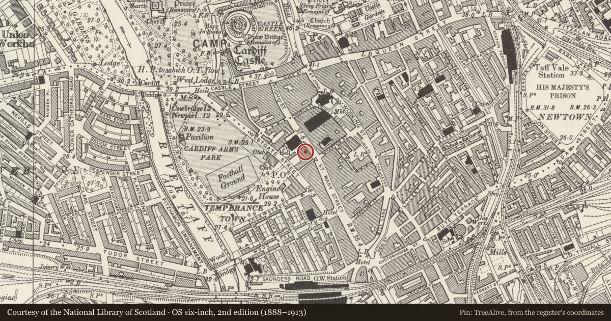 Ordnance Survey six-inch map, 2nd edition (1888–1913) covering the location of 109 St Mary Street, Castle, Cardiff, with a pin at the register's coordinates