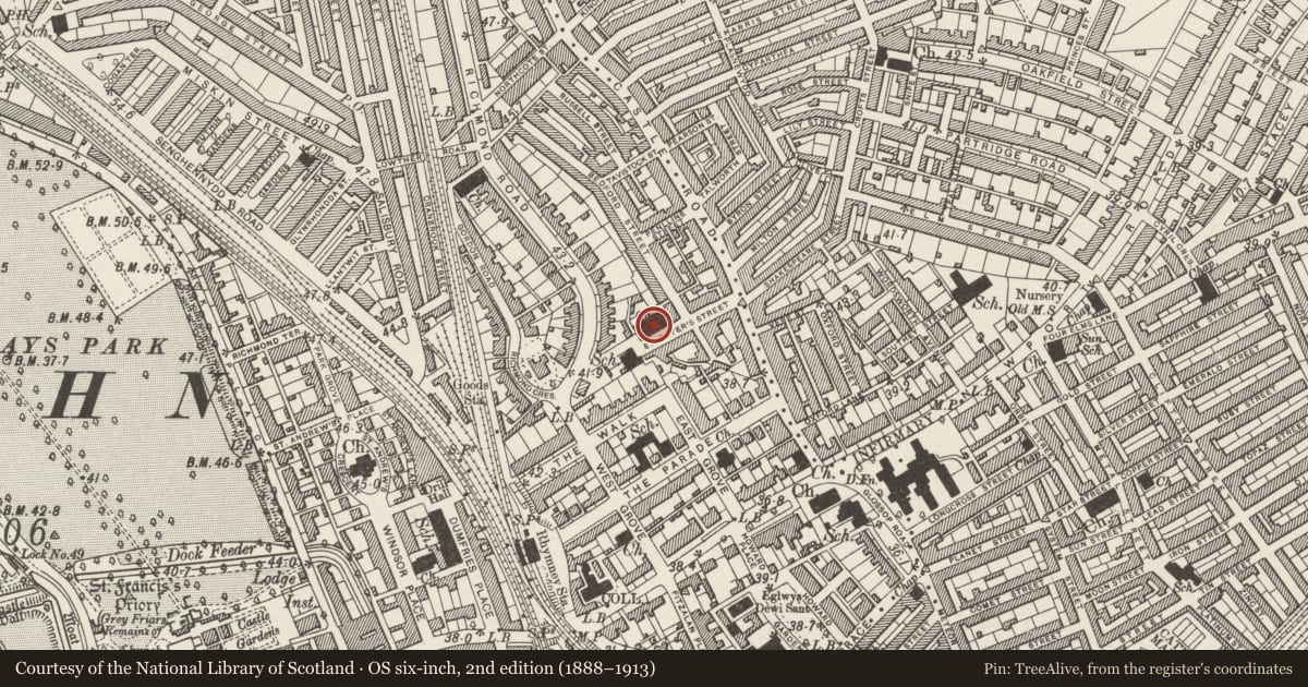Ordnance Survey six-inch map, 2nd edition (1888–1913) covering the location of Catholic Church of St Peter, Roath, Cardiff, with a pin at the register's coordinates