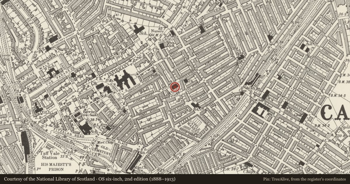 Ordnance Survey six-inch map, 2nd edition (1888–1913) covering the location of Church of St German of Auxerre, Adamsdown, Cardiff, with a pin at the register's coordinates