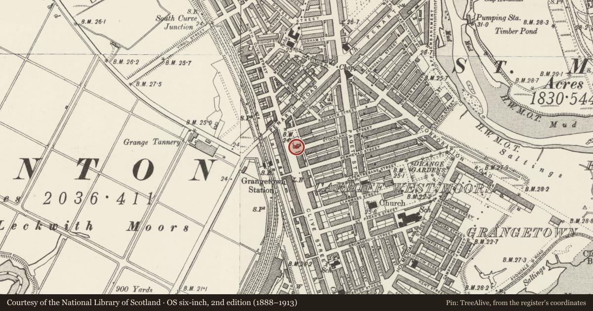 Ordnance Survey six-inch map, 2nd edition (1888–1913) covering the location of Grange Farm House, Grangetown, Cardiff, with a pin at the register's coordinates