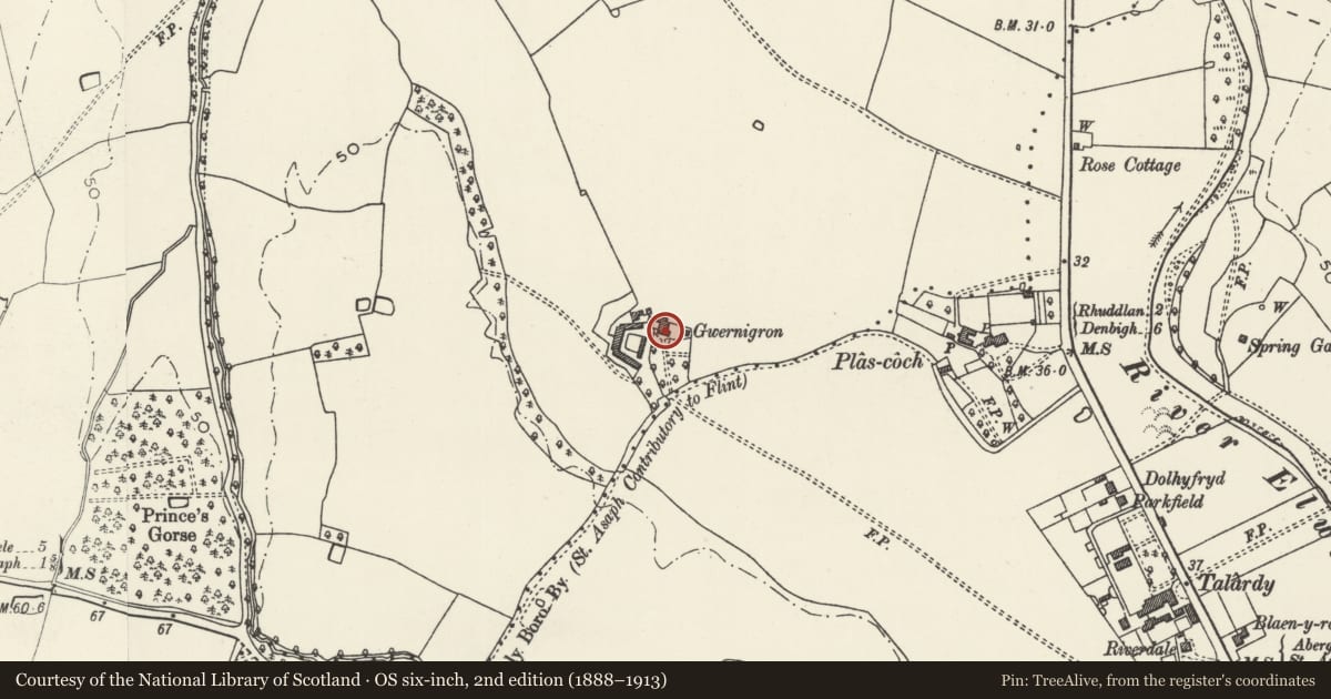 Ordnance Survey six-inch map, 2nd edition (1888–1913) covering the location of Gwernigron Farmhouse, Bodelwyddan, Denbighshire, with a pin at the register's coordinates