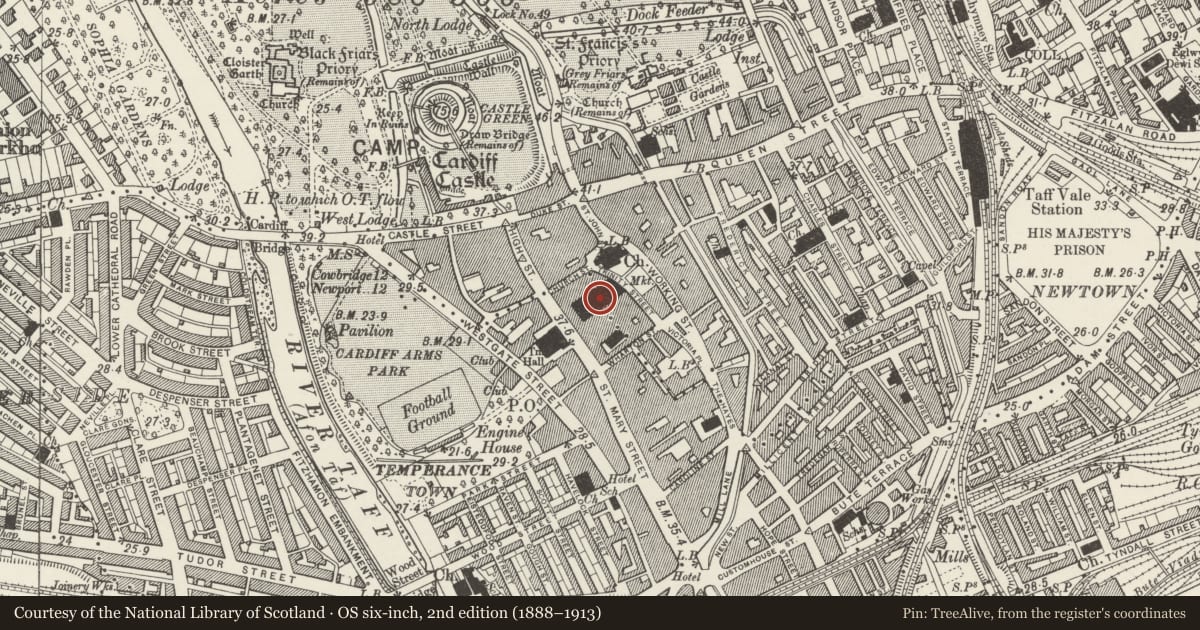 Ordnance Survey six-inch map, 2nd edition (1888–1913) covering the location of Cardiff Central Market, Castle, Cardiff, with a pin at the register's coordinates