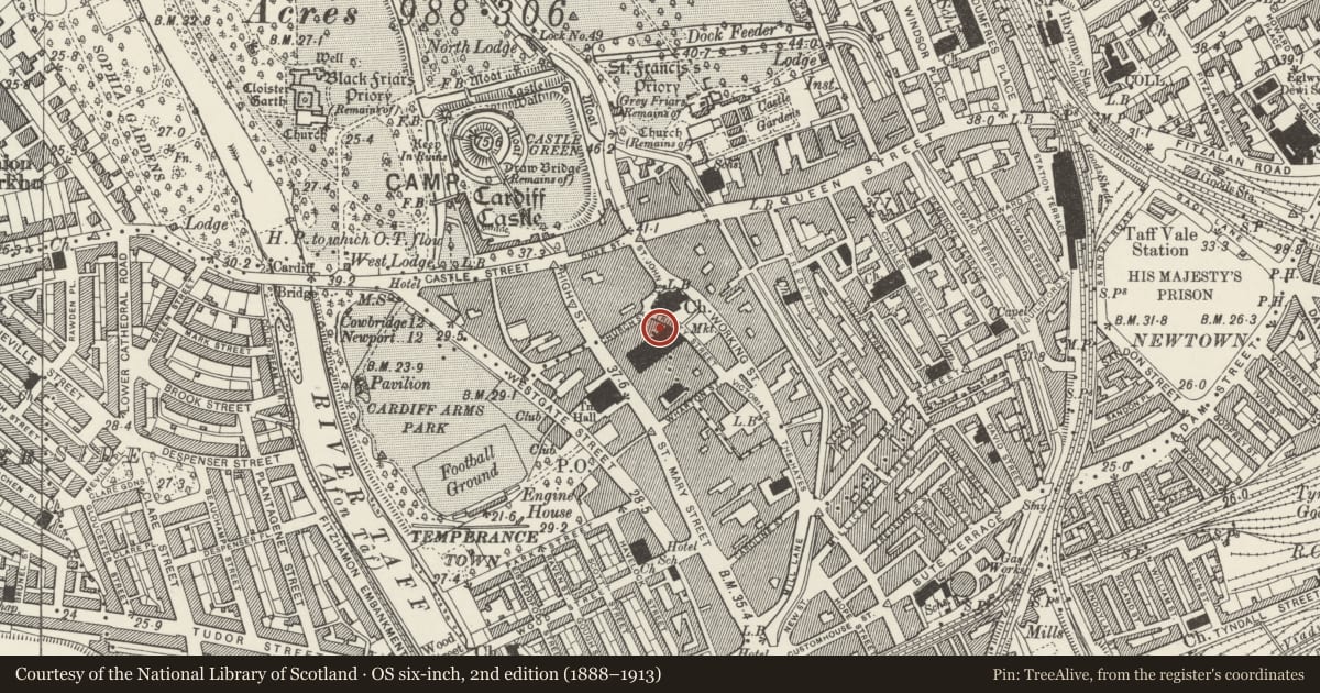 Ordnance Survey six-inch map, 2nd edition (1888–1913) covering the location of New Market Tavern, Castle, Cardiff, with a pin at the register's coordinates