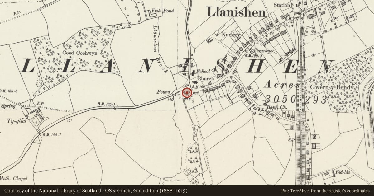 Ordnance Survey six-inch map, 2nd edition (1888–1913) covering the location of Church Inn, Llanishen, Cardiff, with a pin at the register's coordinates