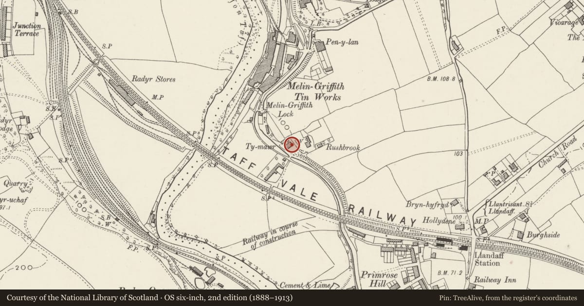 Ordnance Survey six-inch map, 2nd edition (1888–1913) covering the location of Ty-Mawr, Whitchurch, Cardiff, with a pin at the register's coordinates