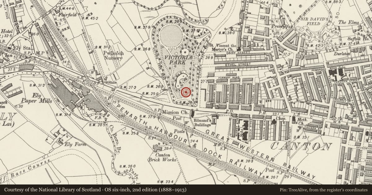 Ordnance Survey six-inch map, 2nd edition (1888–1913) covering the location of Former Drinking Fountain canopy in rose garden of Victoria Park, Canton, Cardiff, with a pin at the register's coordinates