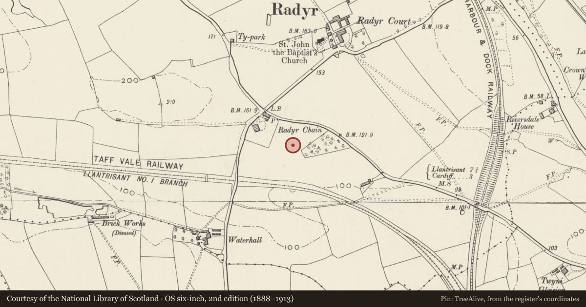 Ordnance Survey six-inch map, 2nd edition (1888–1913) covering the location of Fairwood, Fairwater, Cardiff, with a pin at the register's coordinates